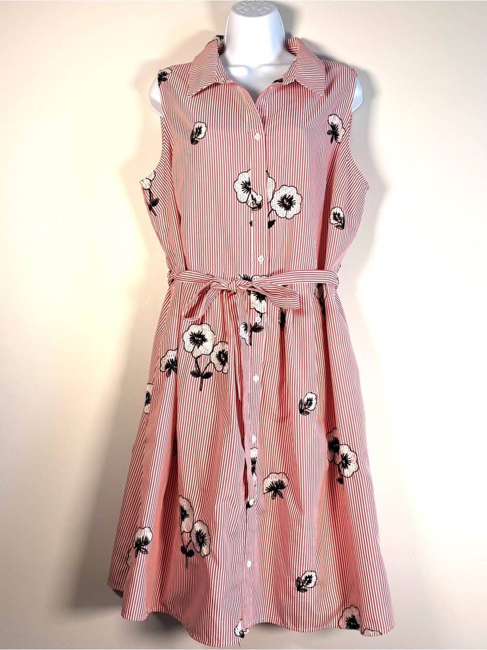 Red and White Striped Summer Dress With Floral Embroidery